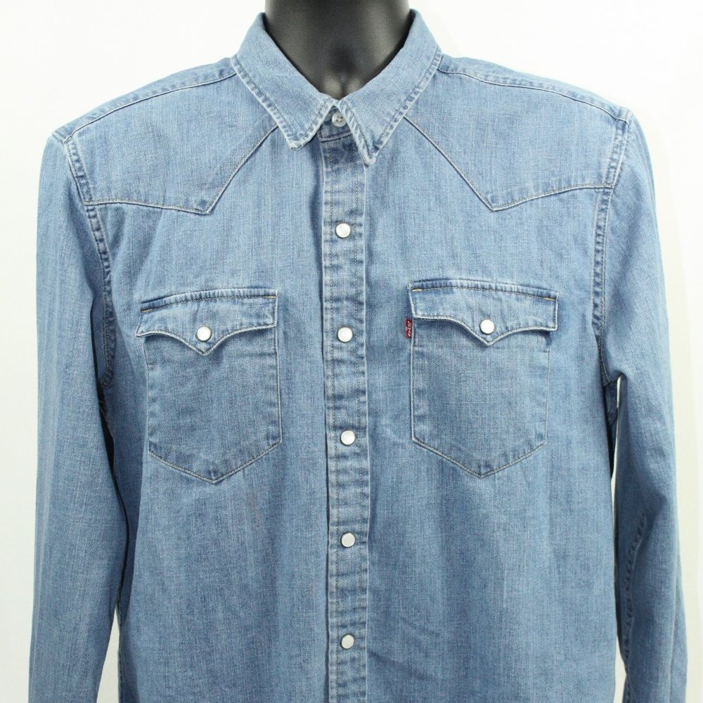 Levis Pearl Snap Denim Western Cowboy Blue Long Sleeve Shirt Mens Size Large